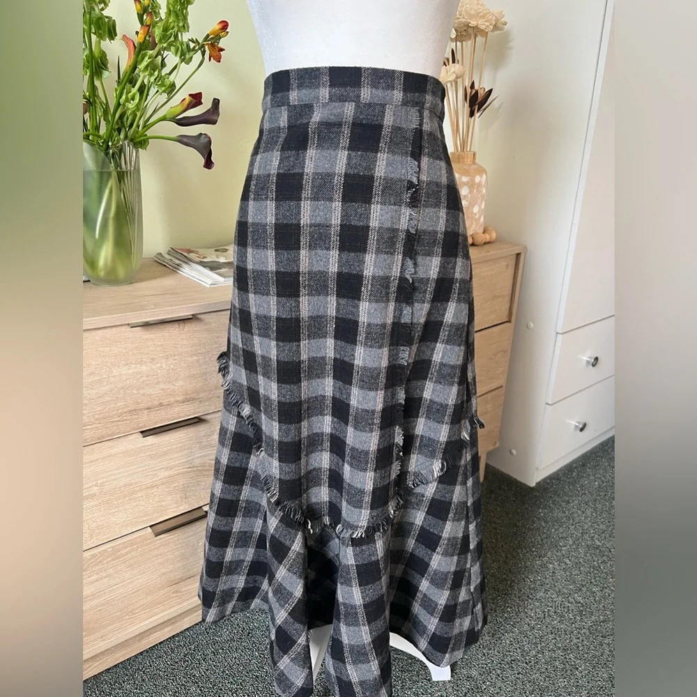 Plaid Check Ruffle Asymmetrical Midi Knee-Length High-Waist Modest Fringe Skirt - Picture 5 of 16